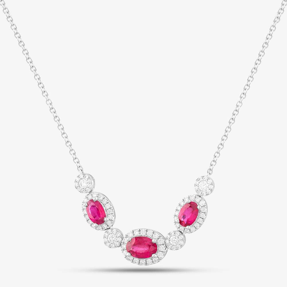 Product photograph of 18ct White Gold 1 67ct Oval Cut Ruby Amp 0 68ct Brilliant Cut Diamond Halo Necklace N02990r 18kw from The Jewel Hut