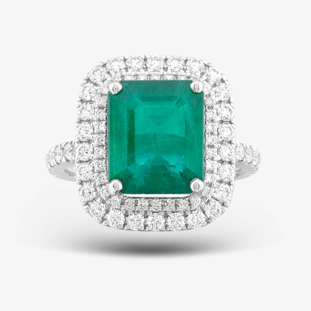 Platinum 6.07ct Emerald Cut Emerald & 1.04ct Brilliant Cut Diamond Halo Ring 17177