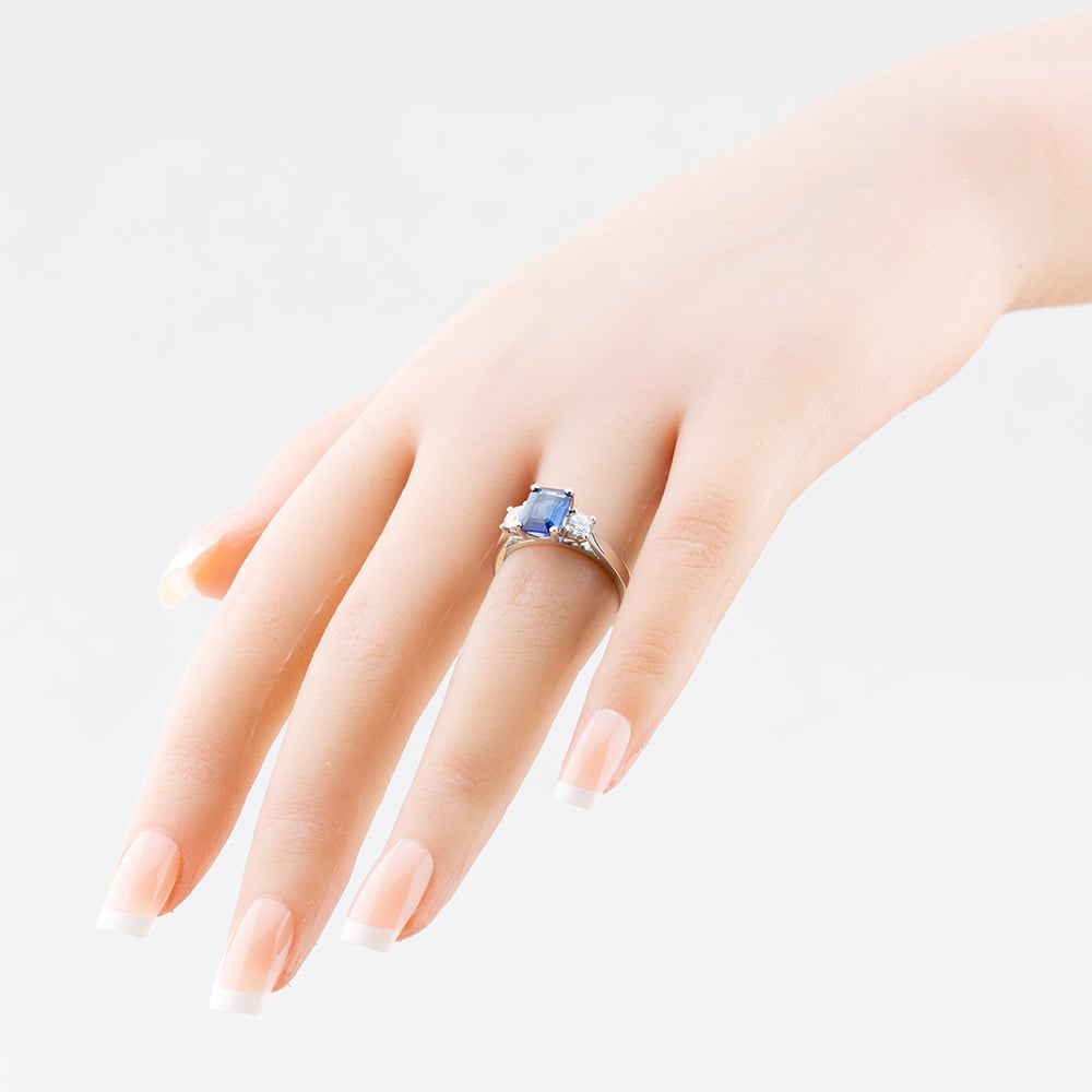 Platinum 1.61ct Emerald Cut Sapphire & 0.50ct Brilliant Cut Diamond Shoulder Set Solitaire Ring 20180H