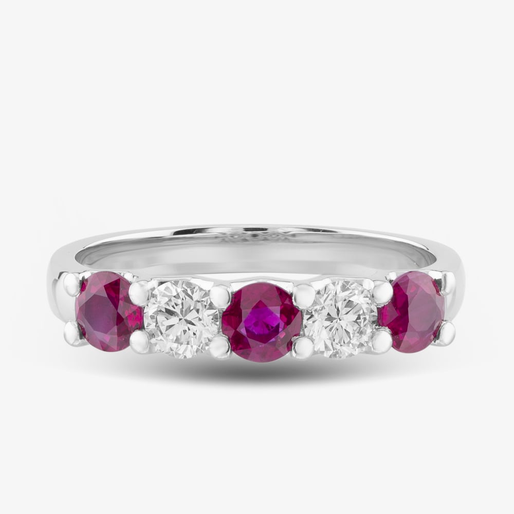 Platinum Silver 0.82ct Brilliant Cut Ruby & 0.40ct Diamond Five Stone Ring 32707