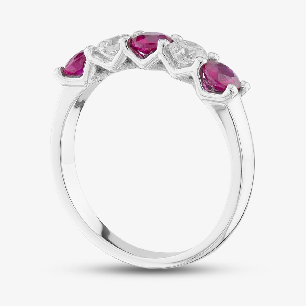 Platinum Silver 0.82ct Brilliant Cut Ruby & 0.40ct Diamond Five Stone Ring 32707