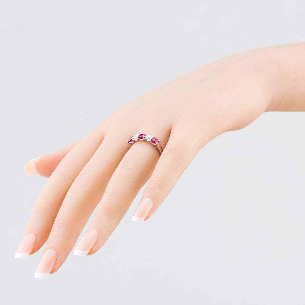 Platinum Silver 0.82ct Brilliant Cut Ruby & 0.40ct Diamond Five Stone Ring 32707