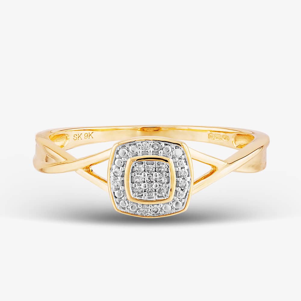  9ct Yellow Gold 0.05ct Diamond Pave Square Cluster Promise Ring THR19766-05 9Ky 
