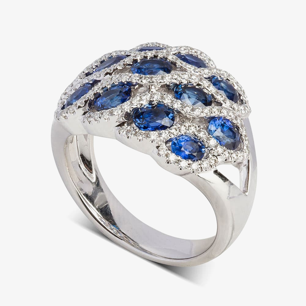 Product photograph of 18ct White Gold Marine Sapphire And Diamond Wave Cluster Ring Lg193 Ra Bs N from The Jewel Hut