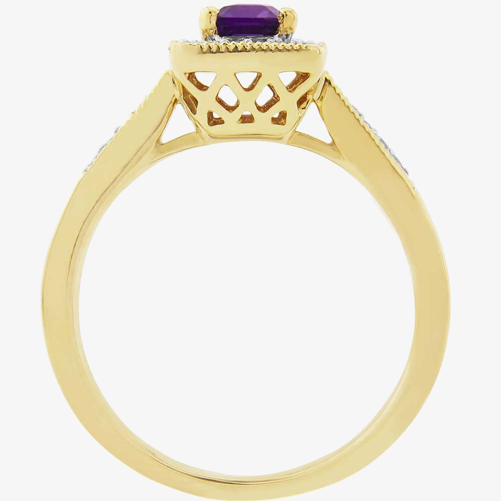9ct Baguette-Cut Amethyst and Round Diamond Cluster Ring DAR1412