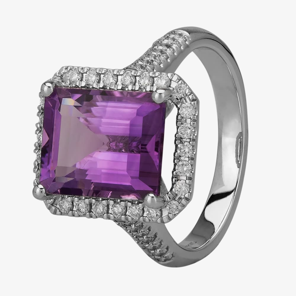 Product photograph of 9ct White Gold Baguette Cut Amethyst And Round Diamond Cluster Shouldered Ring R4099-119am M from The Jewel Hut