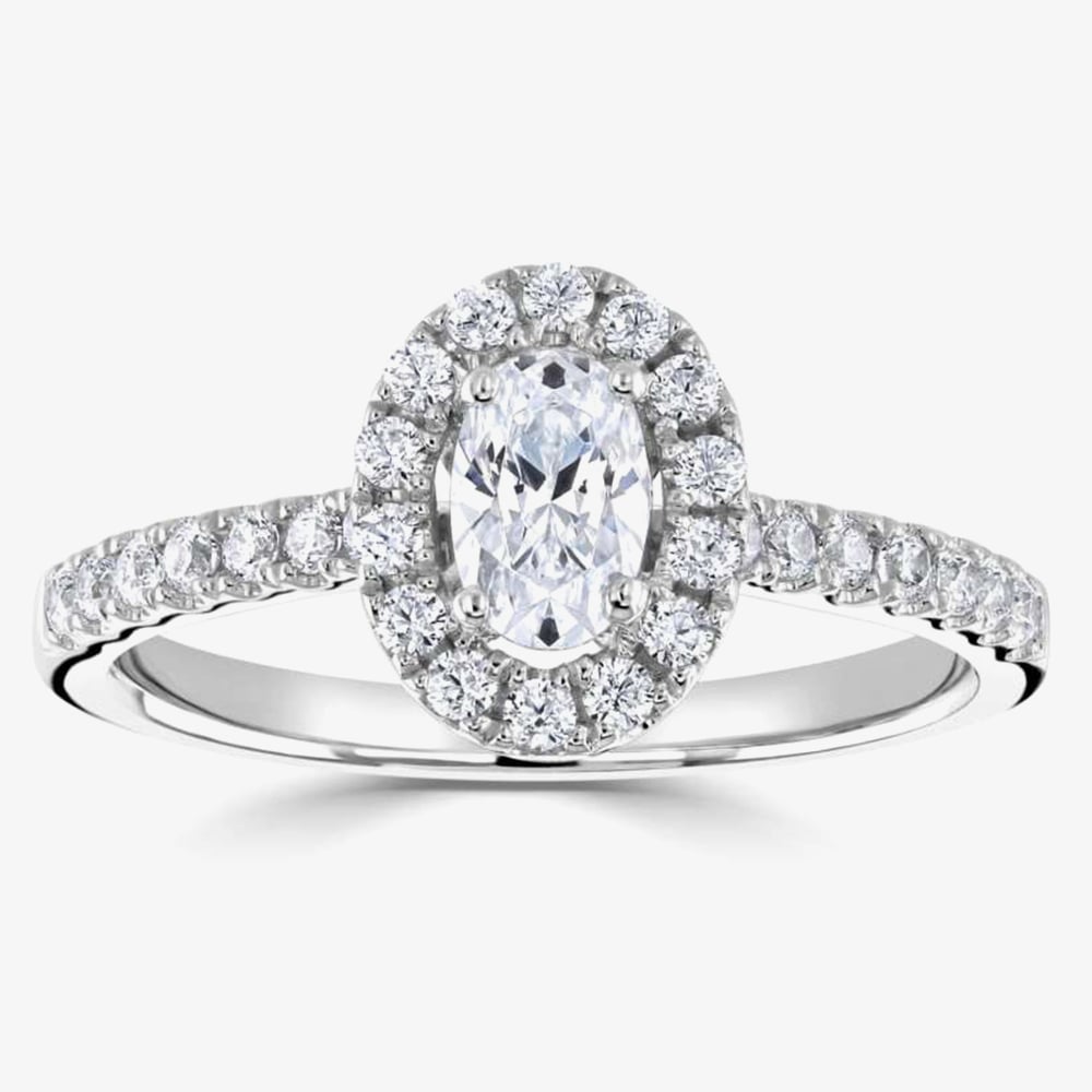 1888 Collection Platinum 0.70ct Certificated Oval Cut Diamond Shoulder Set Halo Ring RC2028(6X4)