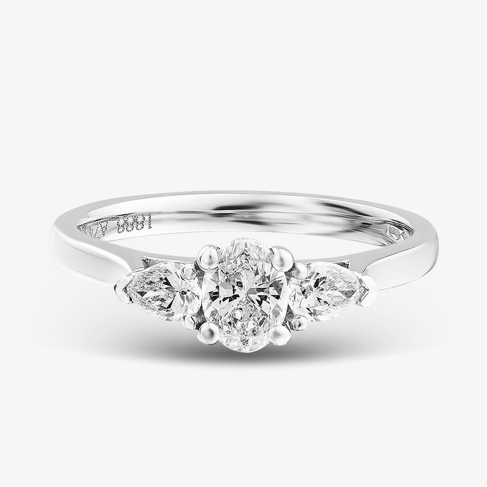 1888 Collection Platinum 0.69ct Certificated Oval & Pear Cut Three Stone Ring R3-2034(.60CT PLUS)