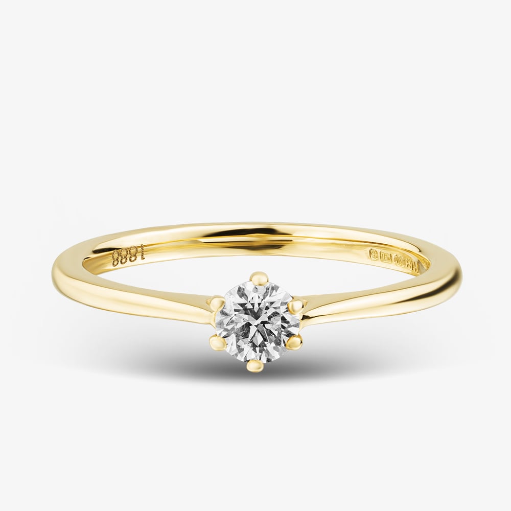 1888 Collection 18ct Yellow Gold Certificated 0.25ct Round Cut Diamond Six Claw Solitaire Ring RI-144(.25CT PLUS)