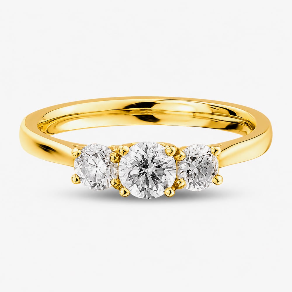 1888 Collection 18ct Yellow Gold 0.81ct Certificated Round Cut Diamond Three Stone Ring R3-145(.75CT PLUS)