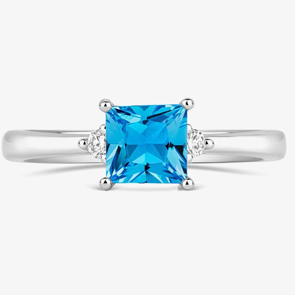 Tivon 18ct White Gold Princess Cut 0.60ct Blue Topaz Three Stone Ring RW-1654-BT