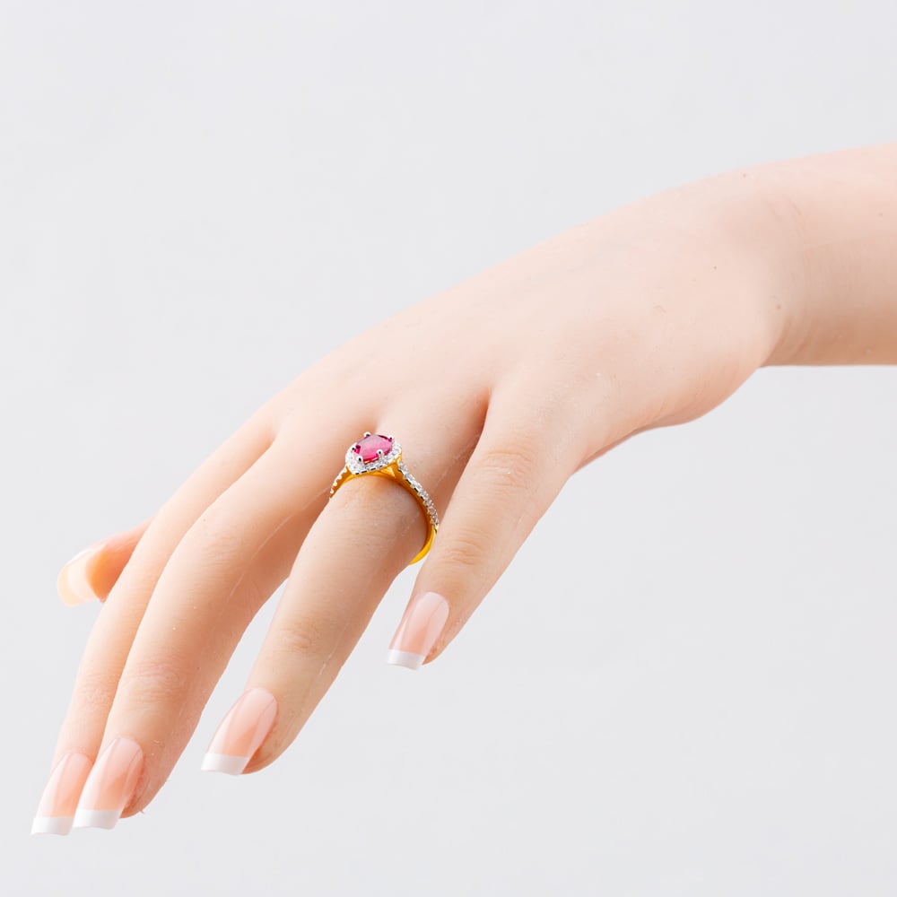 Silver Gold Plated Red Pear Cut Cubic Zirconia Shoulder Set Halo Ring S2185Y