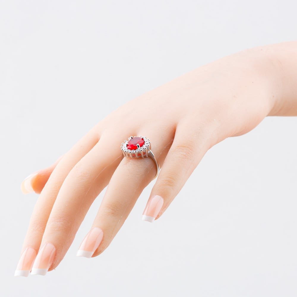 Sterling Silver Oval Cut Red & White Cubic Zirconia Halo Ring S2161