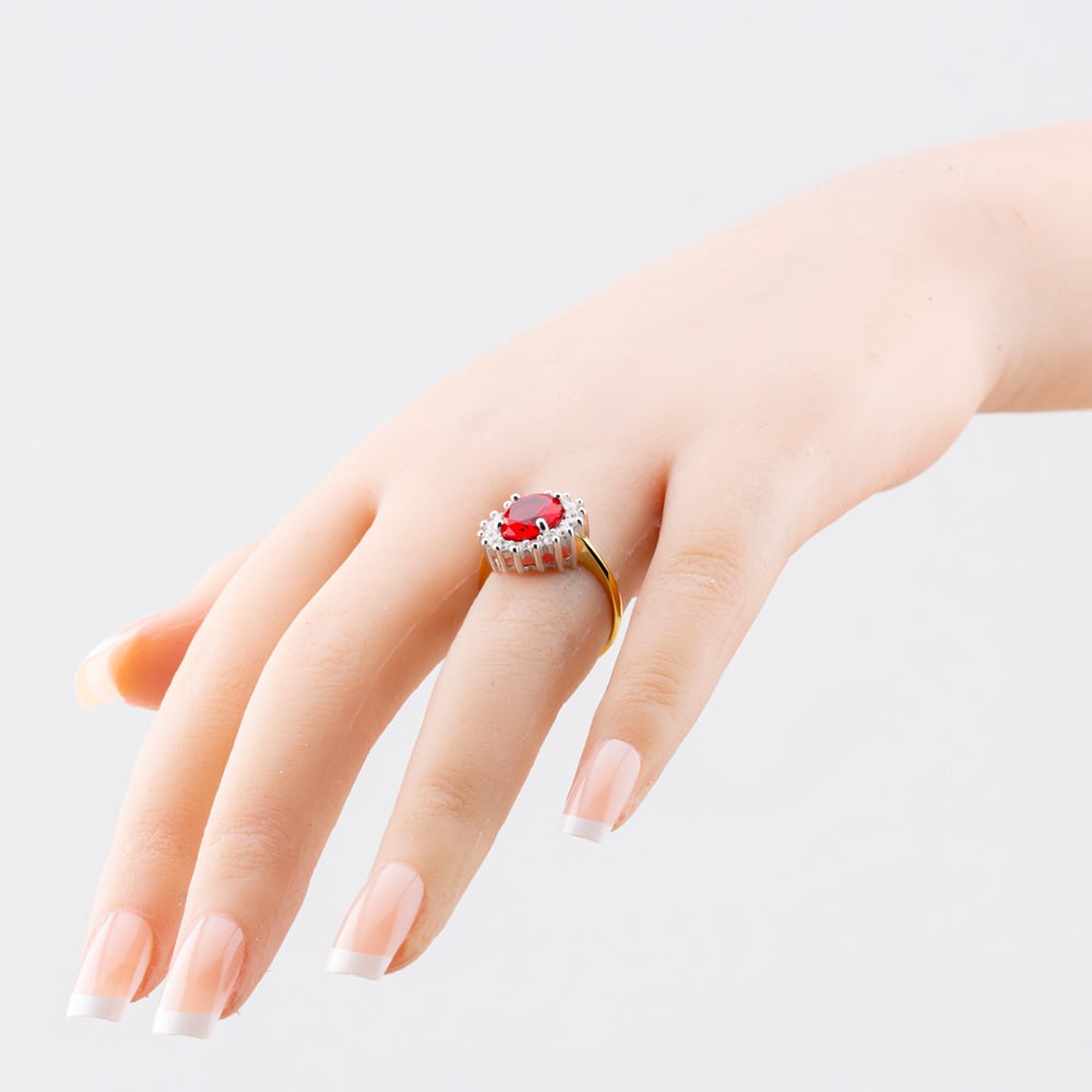Silver Gold Plated Oval Cut Red & White Cubic Zirconia Halo Ring S2161Y