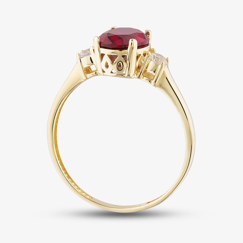 Gold Impression 9ct Yellow Gold Oval Cut Red Cubic Zirconia Three Stone Ring RBE045R