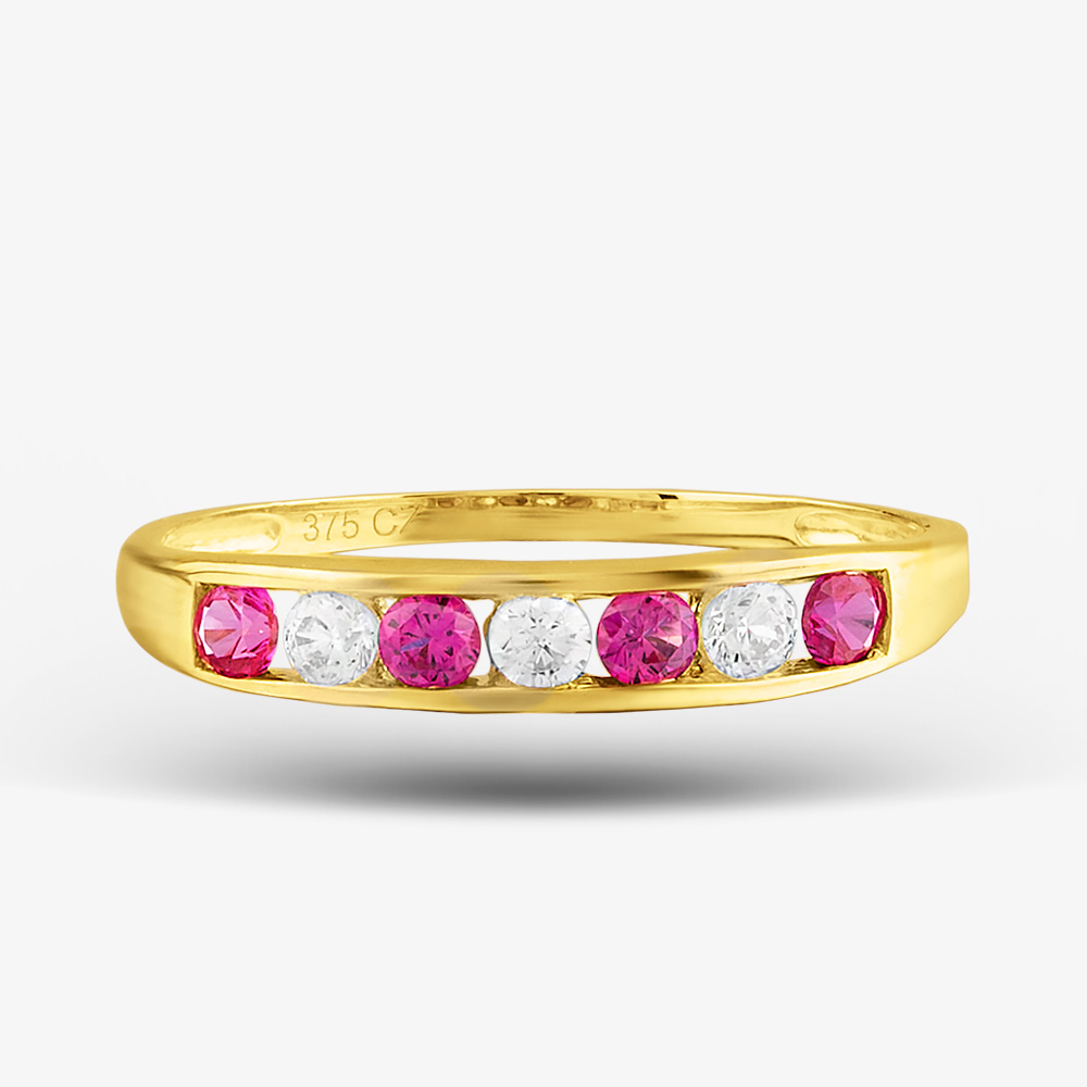 9ct Yellow Gold Red & Clear Cubic Zirconia Half Eternity Ring PR02470RU