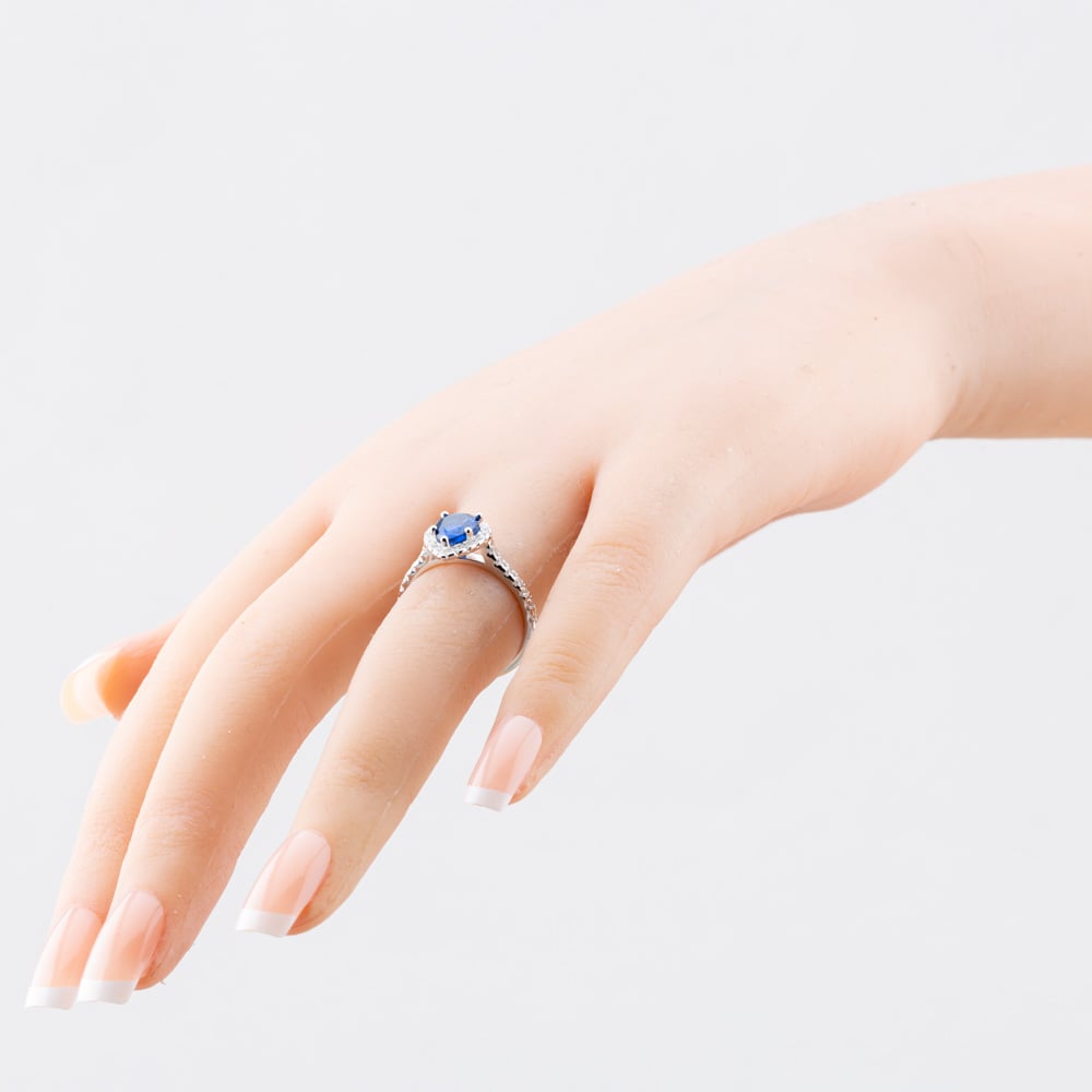 Sterling Silver Blue Pear Cut Cubic Zirconia Shoulder Set Halo Ring S2183