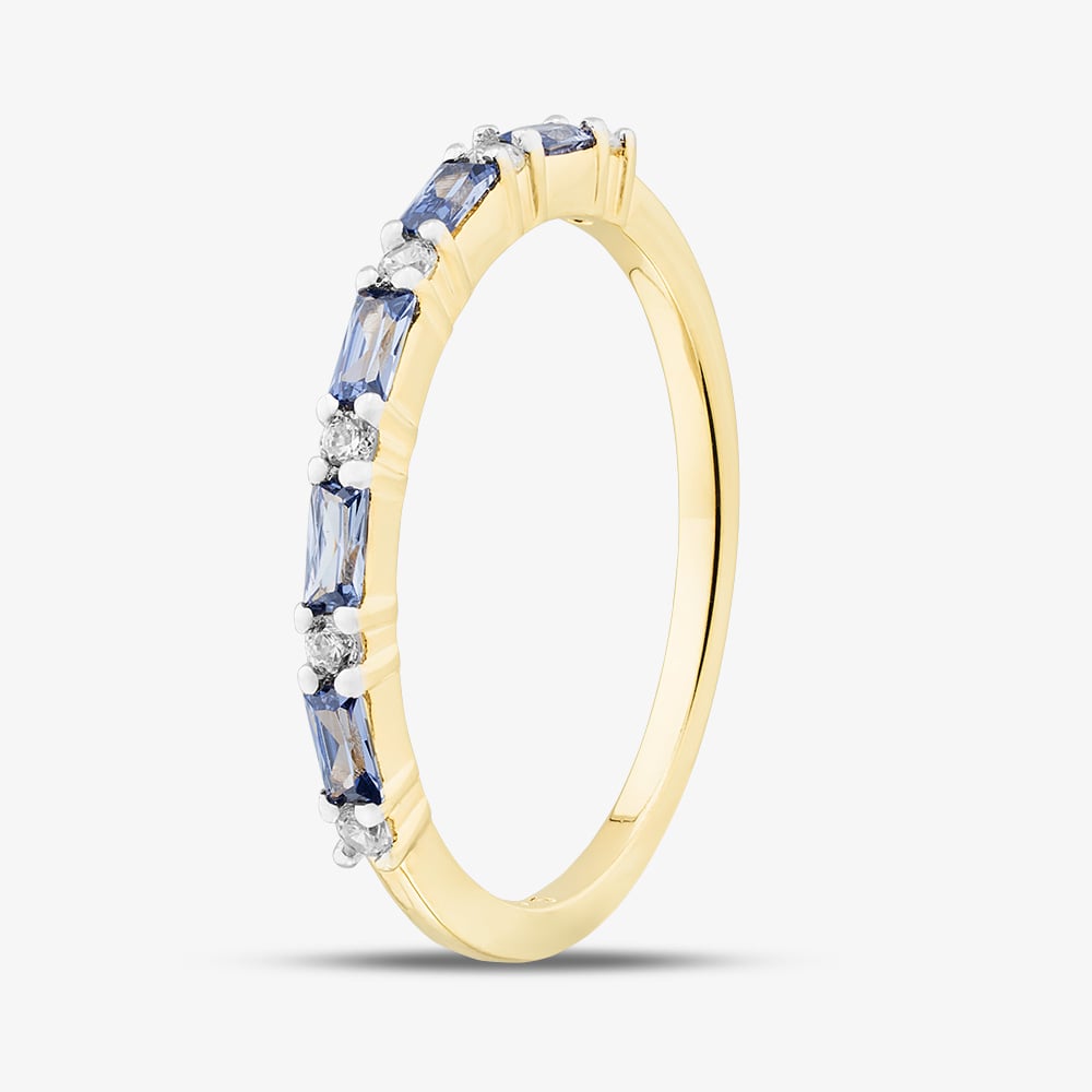 Silver Gold Plated Blue Baguette Cut Tanzanite & Brilliant Cut Cubic Zirconia Half Eternity Ring S2210Y-M