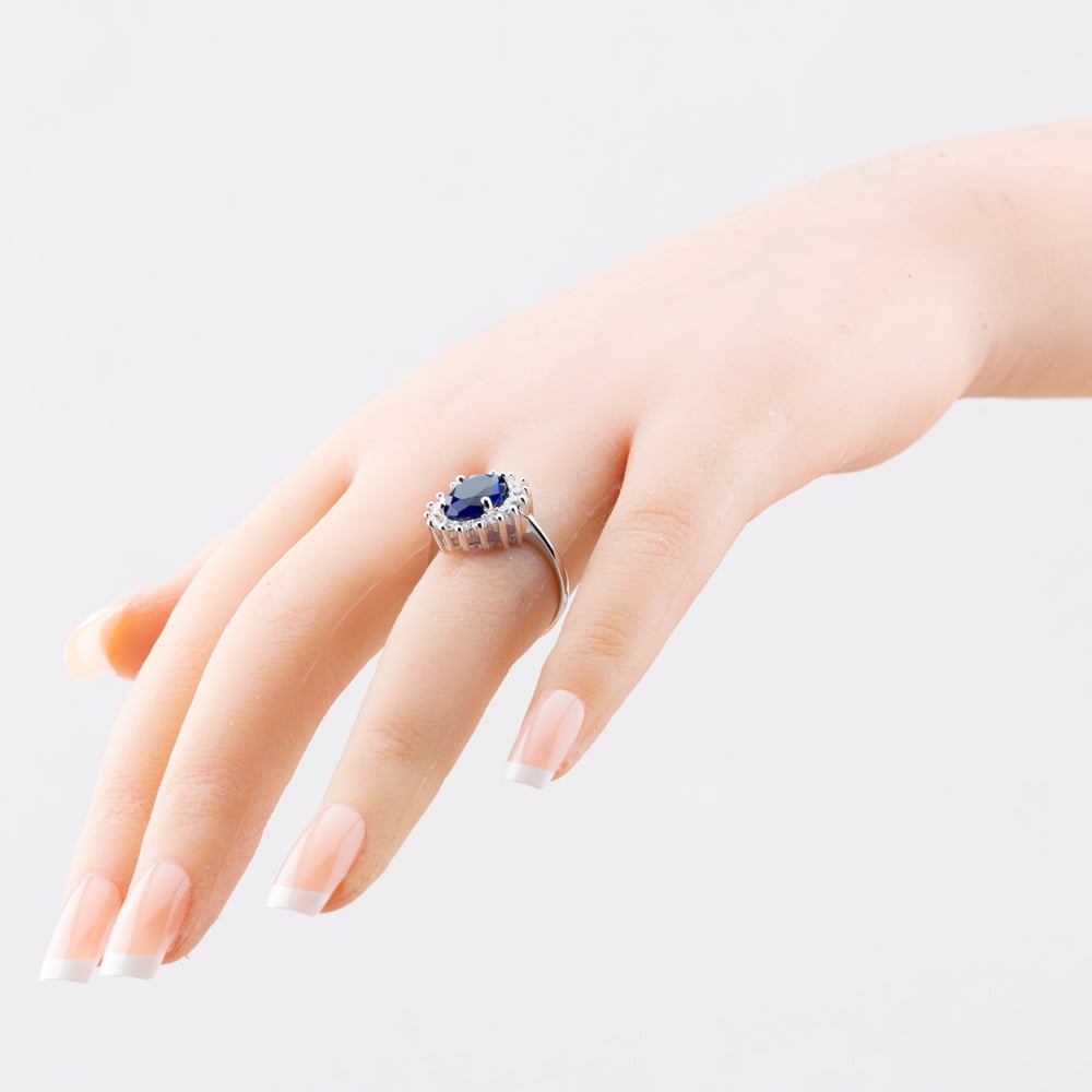 Sterling Silver Oval Cut Blue Cubic Zirconia Cluster Ring S2159