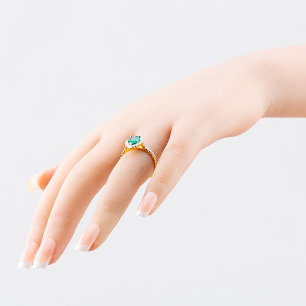Silver Gold Plated Teardrop Green & White Cubic Zirconia Ring S2184Y
