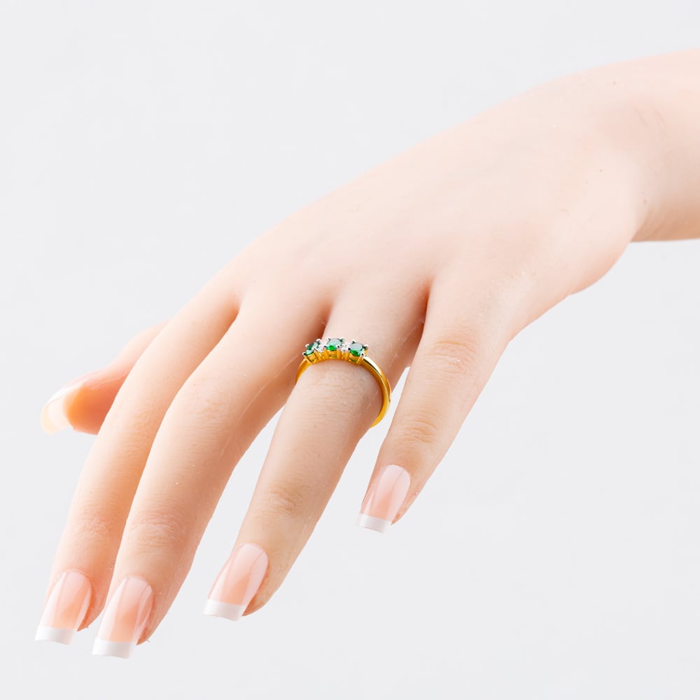Silver Gold Plated Oval & Brilliant Cut Green Cubic Zirconia Three Stone Ring S2225Y