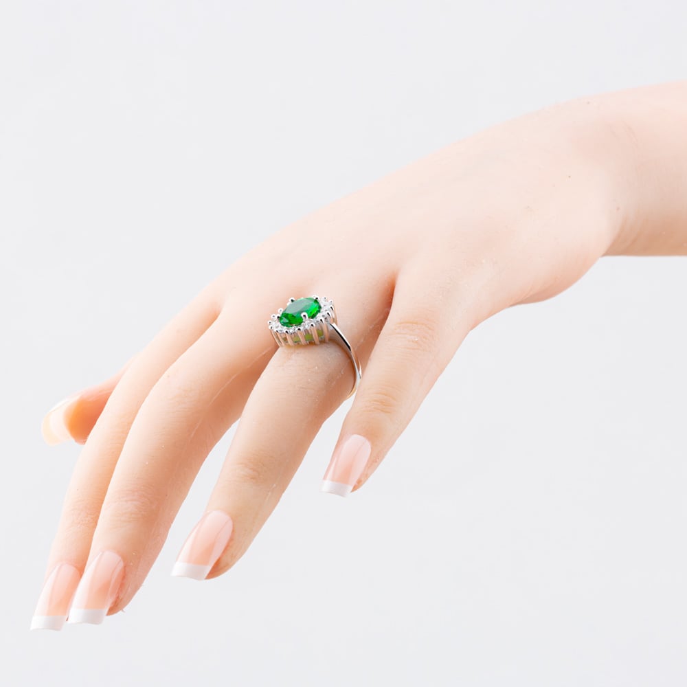 Sterling Silver Oval & Brilliant Cut Green Cubic Zirconia Halo Ring S2160