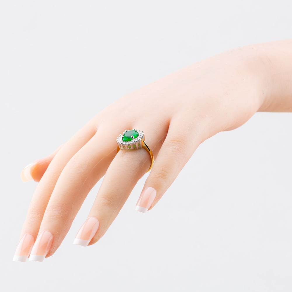 Silver Gold Plated Oval & Brilliant Cut Green Cubic Zirconia Halo Ring S2160Y