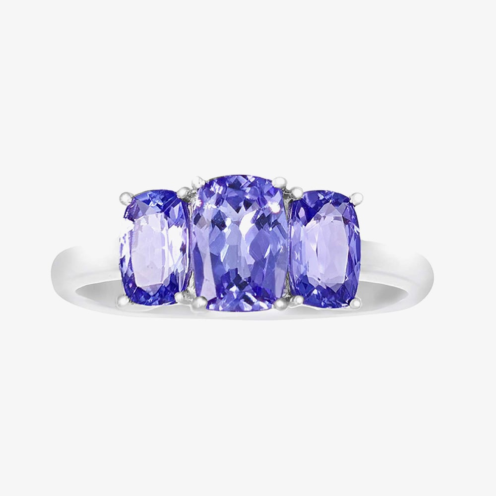 9ct White Gold 1.81ct Cushion Cut Tanzanite Three Stone Ring DOM335