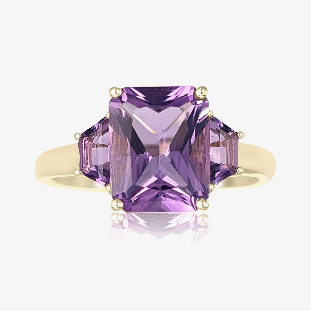 9ct Yellow Gold 2.74ct Fancy Cut Amethyst Three Stone Ring DOM350