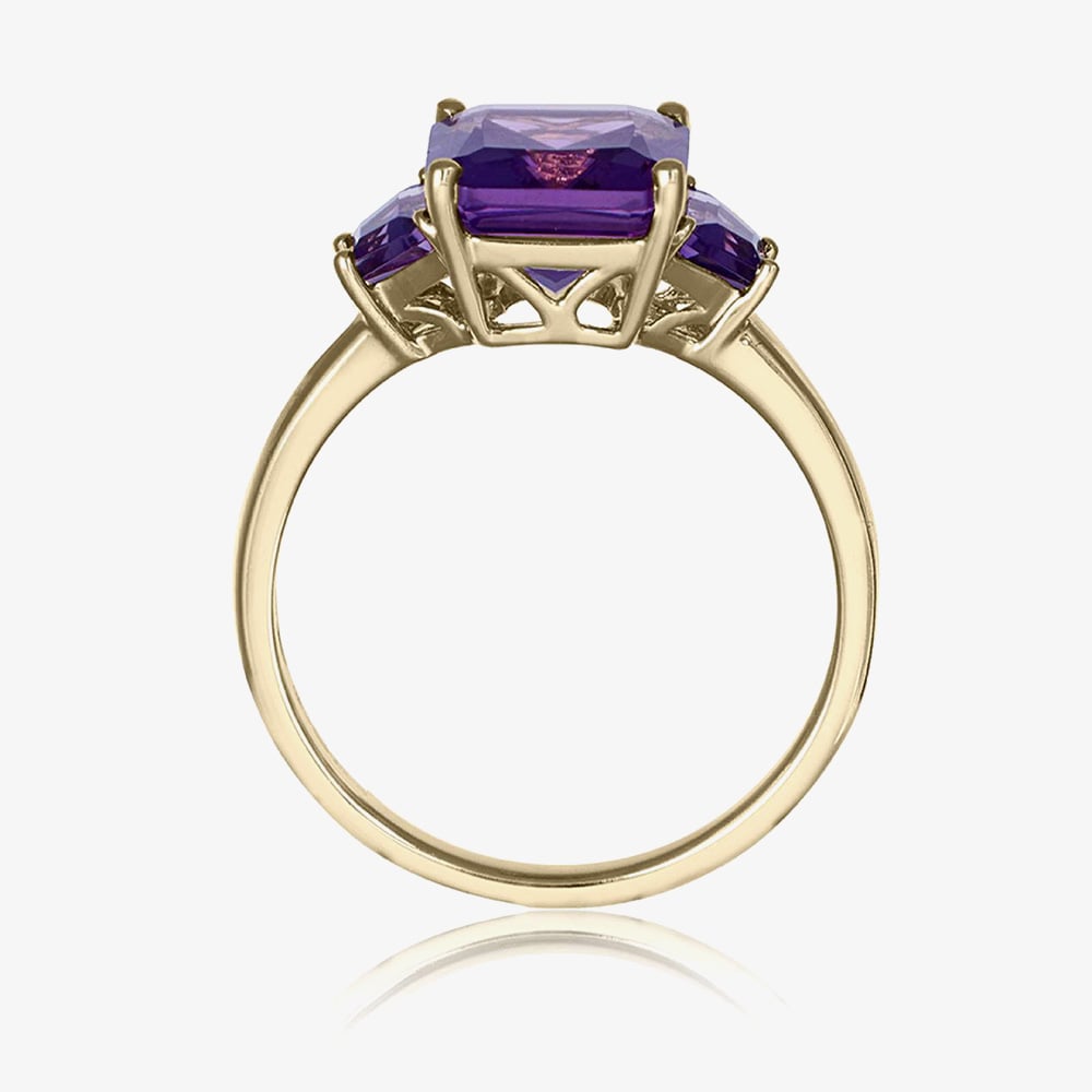9ct Yellow Gold 2.74ct Fancy Cut Amethyst Three Stone Ring DOM350