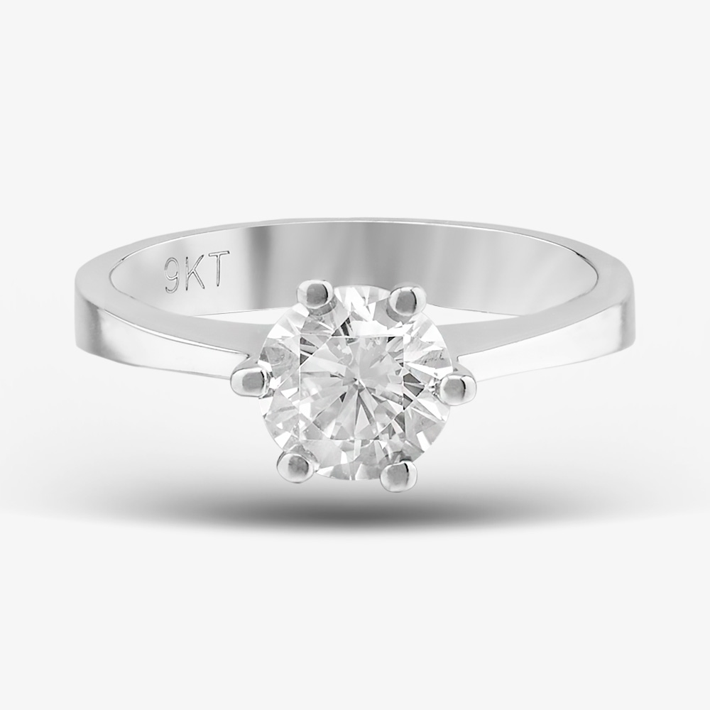9ct White Gold Clear Crystal Six Claw Solitaire Ring MR4130W