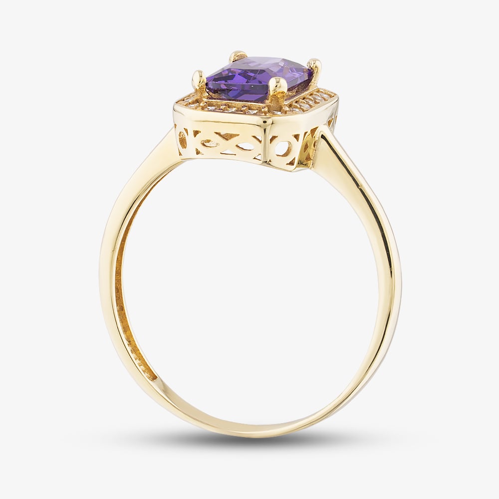 9ct Yellow Gold Purple Emerald Cut Cubic Zirconia Halo Ring RBE047AM