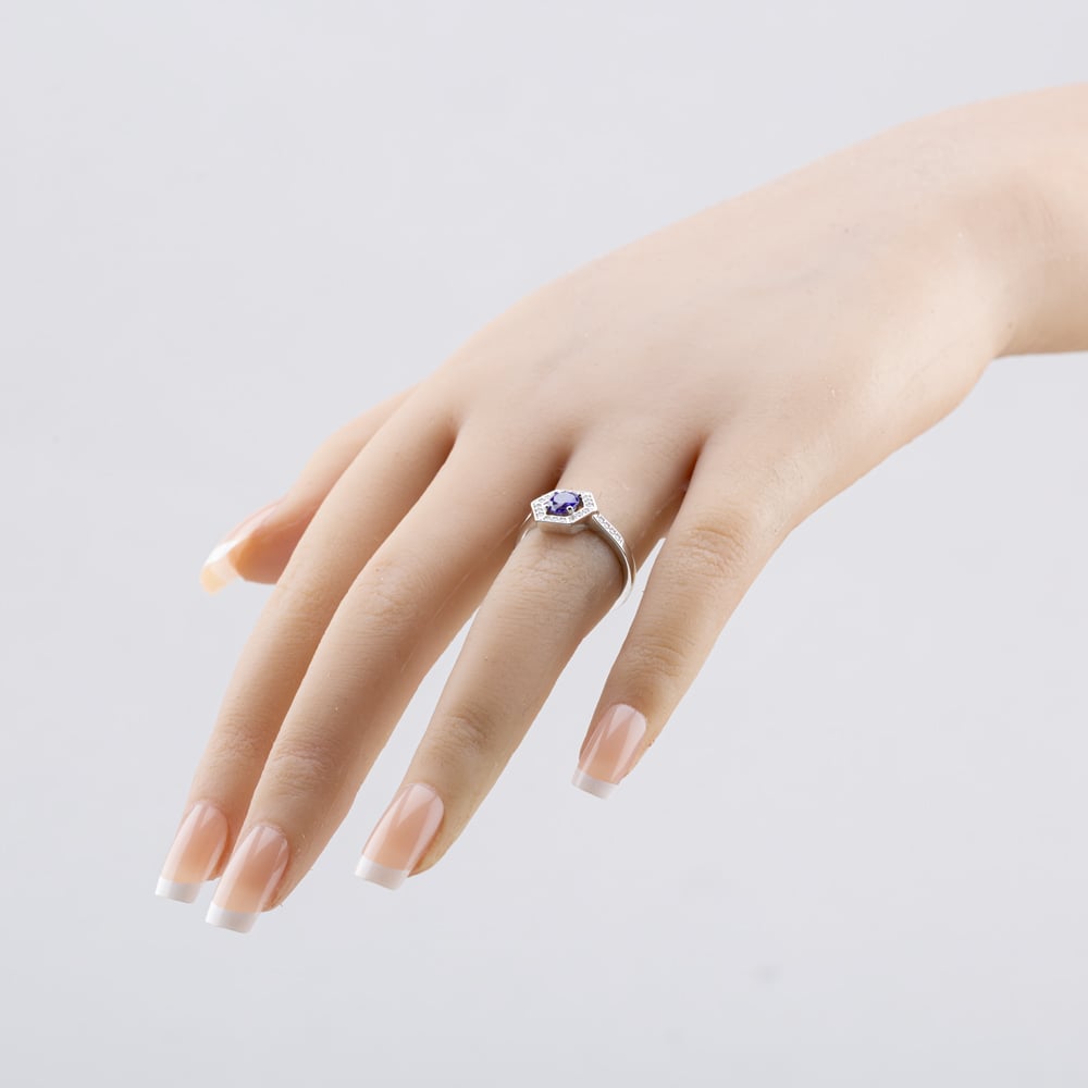 Silver Sparkle Rhodium Plated Sterling Silver Purple & White Cubic Zirconia Hexagon Halo Ring 8.84.0991