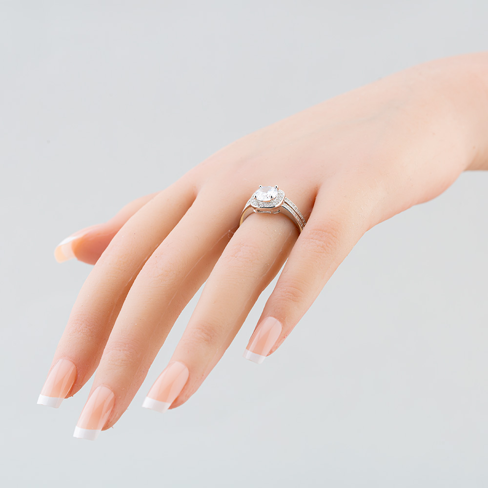 Silver Brilliant Cut Cubic Zirconia Shoulder Set Halo Ring R6852