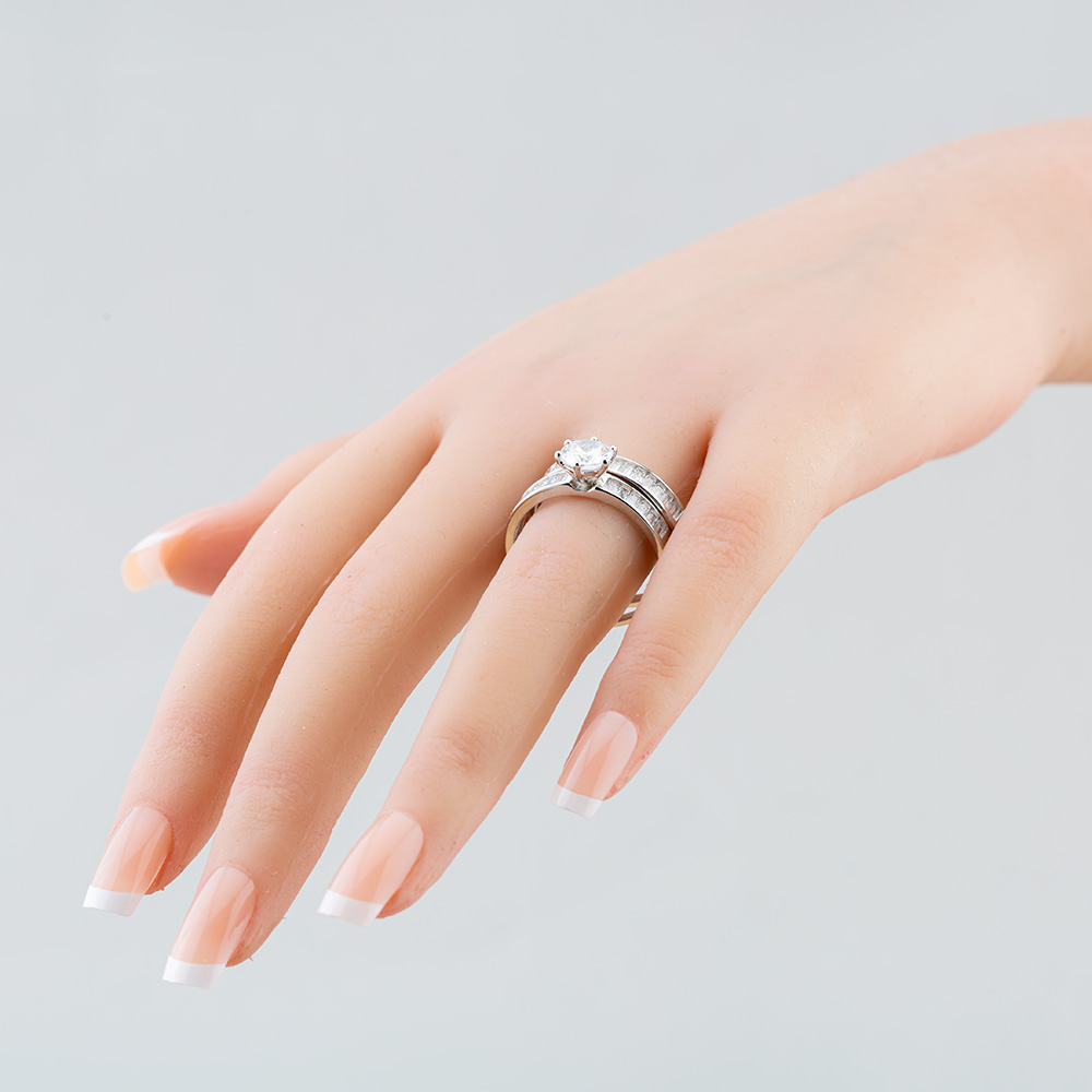 Silver Baguette Cut Cubic Zirconia Two Row Shoulder Set Solitaire Ring R6595