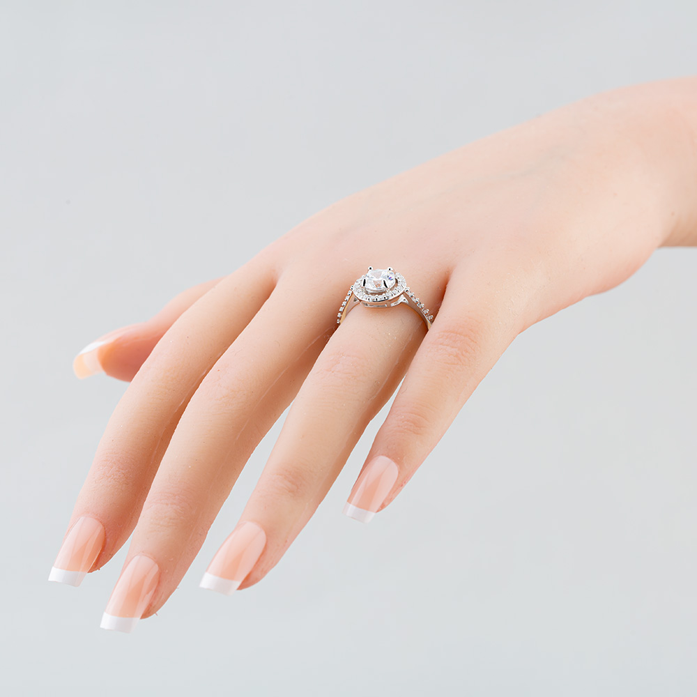 Silver Brilliant Cut Cubic Zirconia Shoulder Set Halo Ring R6845