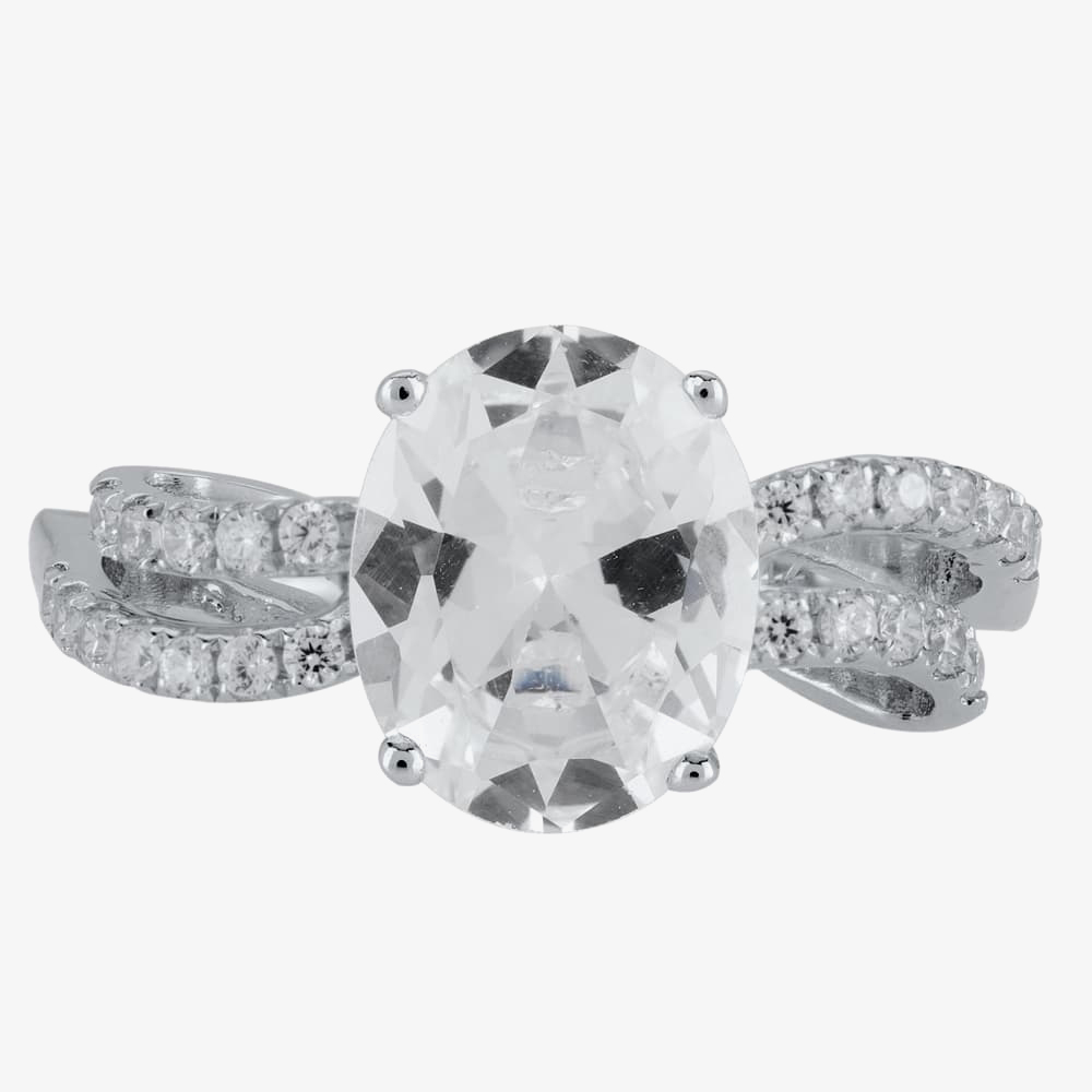 Silver Clear Oval Cubic Zirconia Wave Shoulders Ring SR0069-CZ