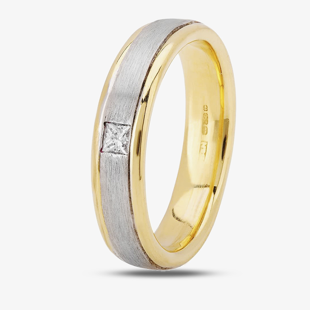 18ct Two Colour Gold Flat Court Satin and Polished Diamond-Set We