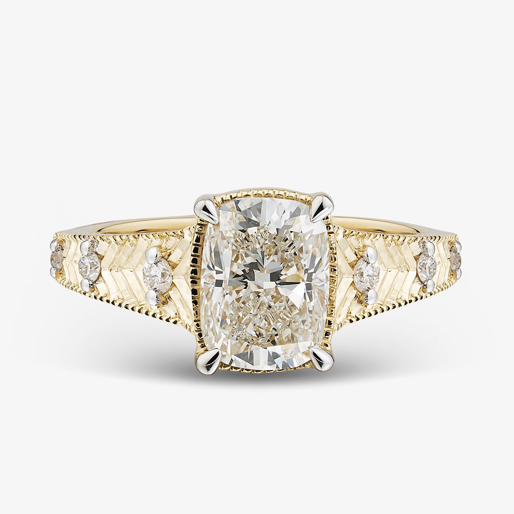 14ct Yellow Gold 2.10ct Certificated Cushion Cut Lab Grown Diamond Wide Shoulder Set Solitaire Ring LGR47672-210