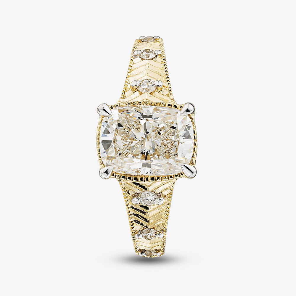 14ct Yellow Gold 2.10ct Certificated Cushion Cut Lab Grown Diamond Wide Shoulder Set Solitaire Ring LGR47672-210