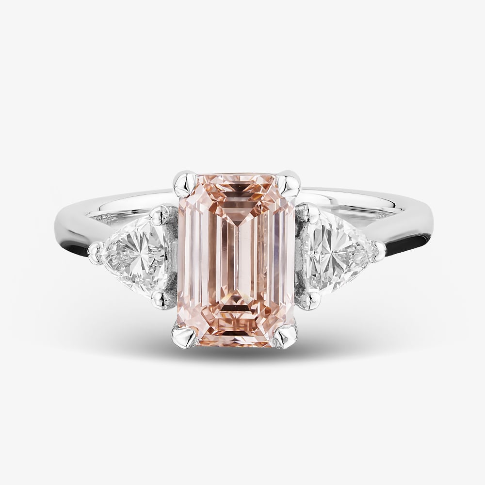 Platinum 2.72ct Certificated Pink Emerald Cut Lab Grown Diamond Trilogy Ring HLM516-3SEC08