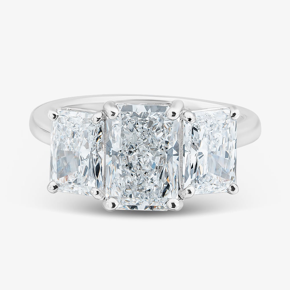Platinum 4.06ct Certificated Radiant Cut Lab Grown Diamond Three Stone Ring U3807