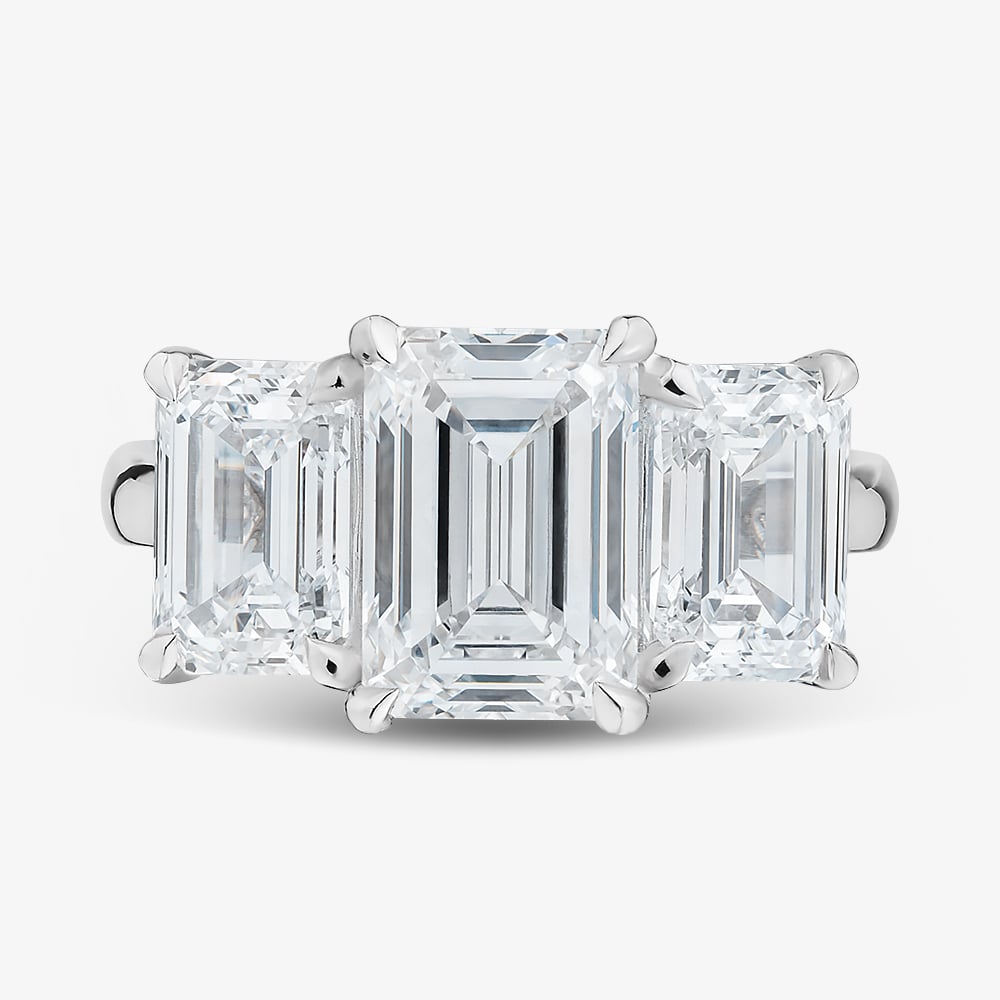 Platinum 6.03ct Certificated Emerald Cut Lab Grown Diamond Three Stone Ring U1842