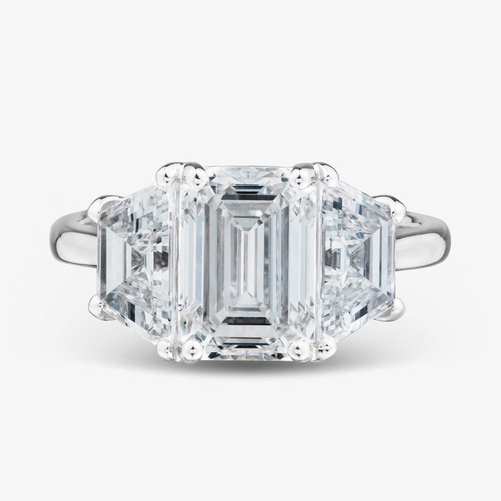 Platinum 4.37ct Certificated Emerald Cut Lab Grown Diamond Three Stone Ring U3372
