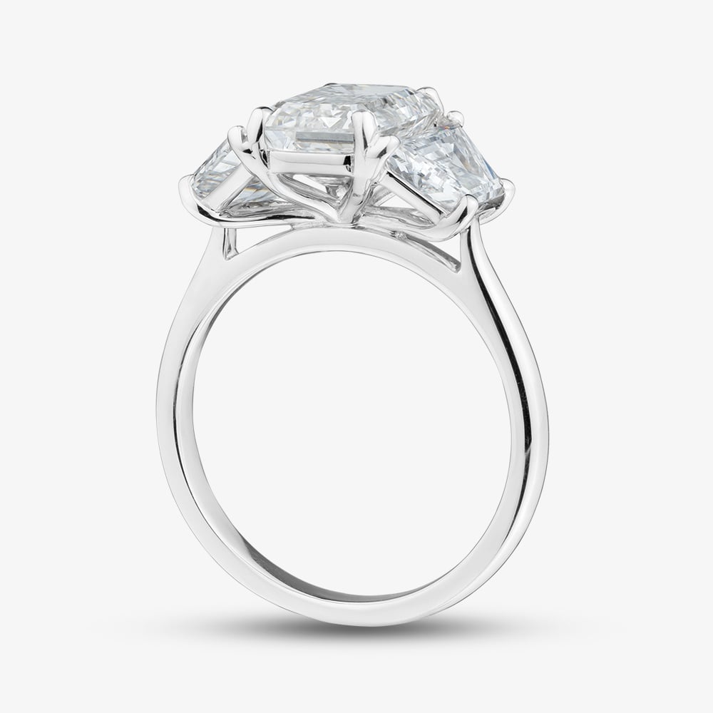 Platinum 4.37ct Certificated Emerald Cut Lab Grown Diamond Three Stone Ring U3372