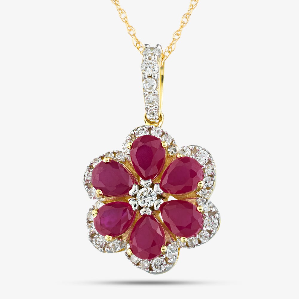 9ct Yellow Gold 1.50ct Lab Grown Ruby & 0.25ct Lab Grown Diamond Flower Pendant Necklace LGP44563-RD