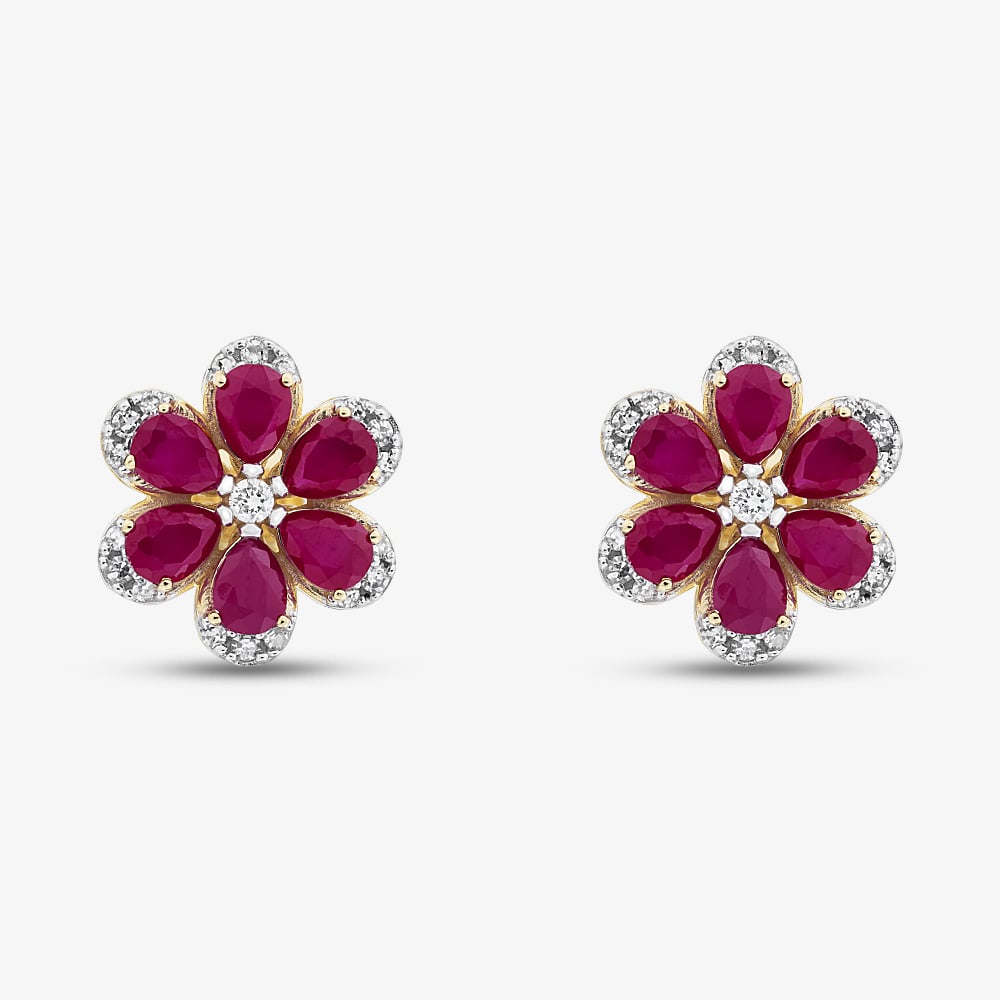 9ct Yellow Gold 3.00ct Lab Grown Ruby & 0.25ct Lab Grown Diamond Flower Stud Earrings LGE46343-RD