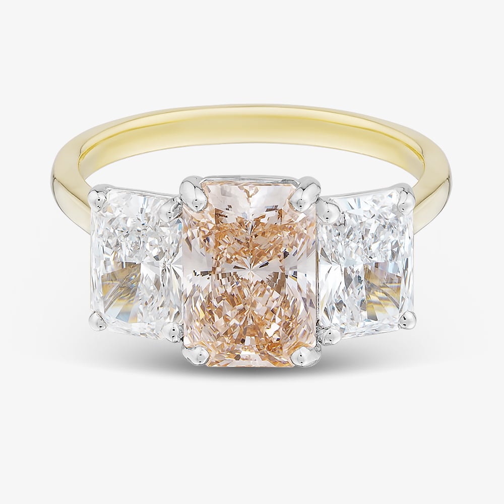 18ct Yellow Gold 4.59ct Certificated Pink & White Radiant Cut Lab Grown Diamond Three Stone Ring U3800