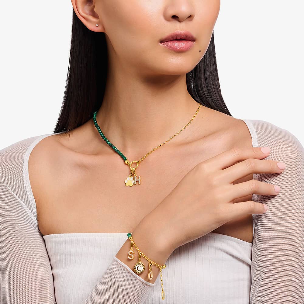 THOMAS SABO Gold Plated Member Charm Green Bead Necklace KE2190-140-6-L45V