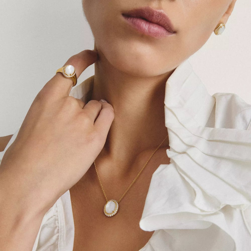 THOMAS SABO Fluid Elegance 18ct Yellow Gold Plated Mother of Pearl & Cubic Zirconia Oval Pendant KE2379-M01-14-L50V